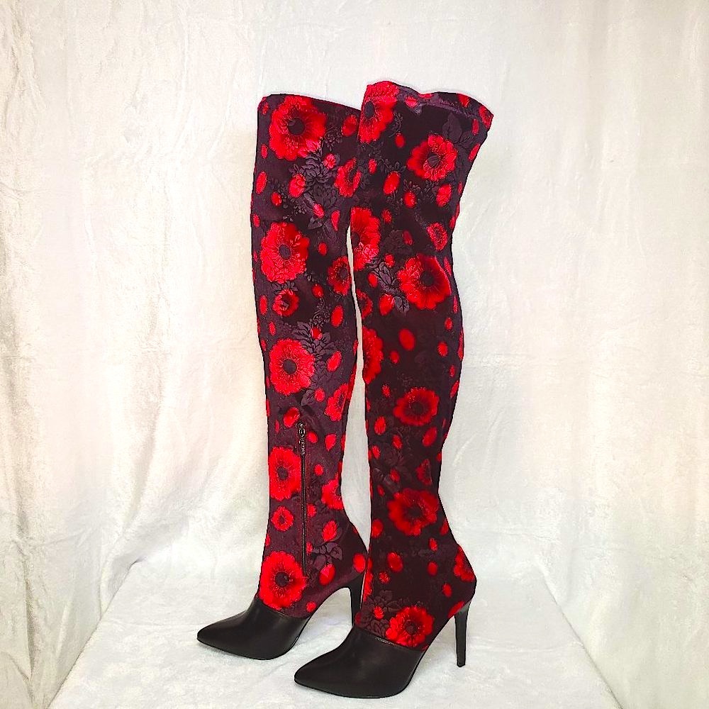 Mac J Black Cherry Stretch Velvet Red Floral OTK Stocking Boots 3.5" High Heel